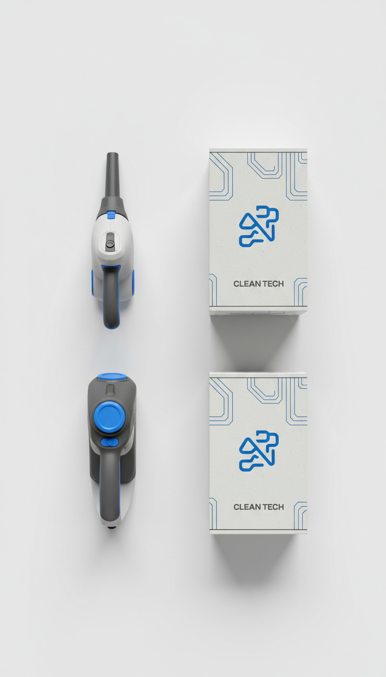 Steam cleaner with minimalist branded packaging